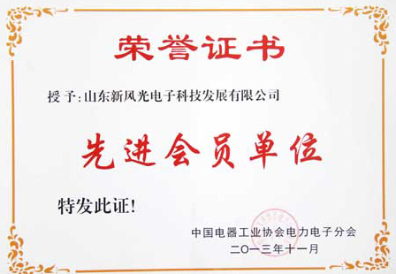 华体会（中国）电子公司荣获中国电器工业协会电力电子分会“先进